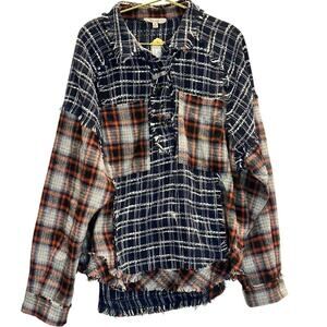 Oli + Hali – Color Block Frayed Hem Plaid Shacket – Blue/Red Plaid – Size Medium